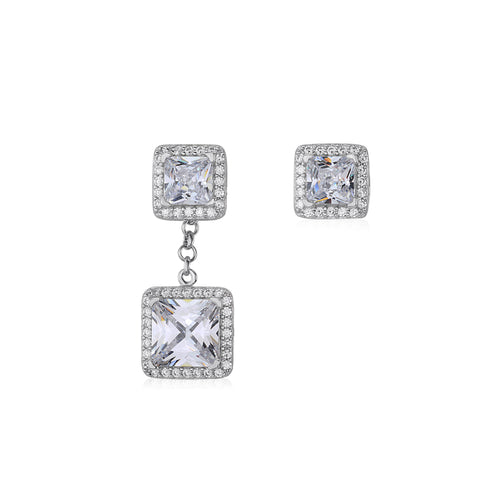 Sterling Silver 925 Simulated Diamond Double Square Halo Drop Dangle Post Earrings with Removeable Stud