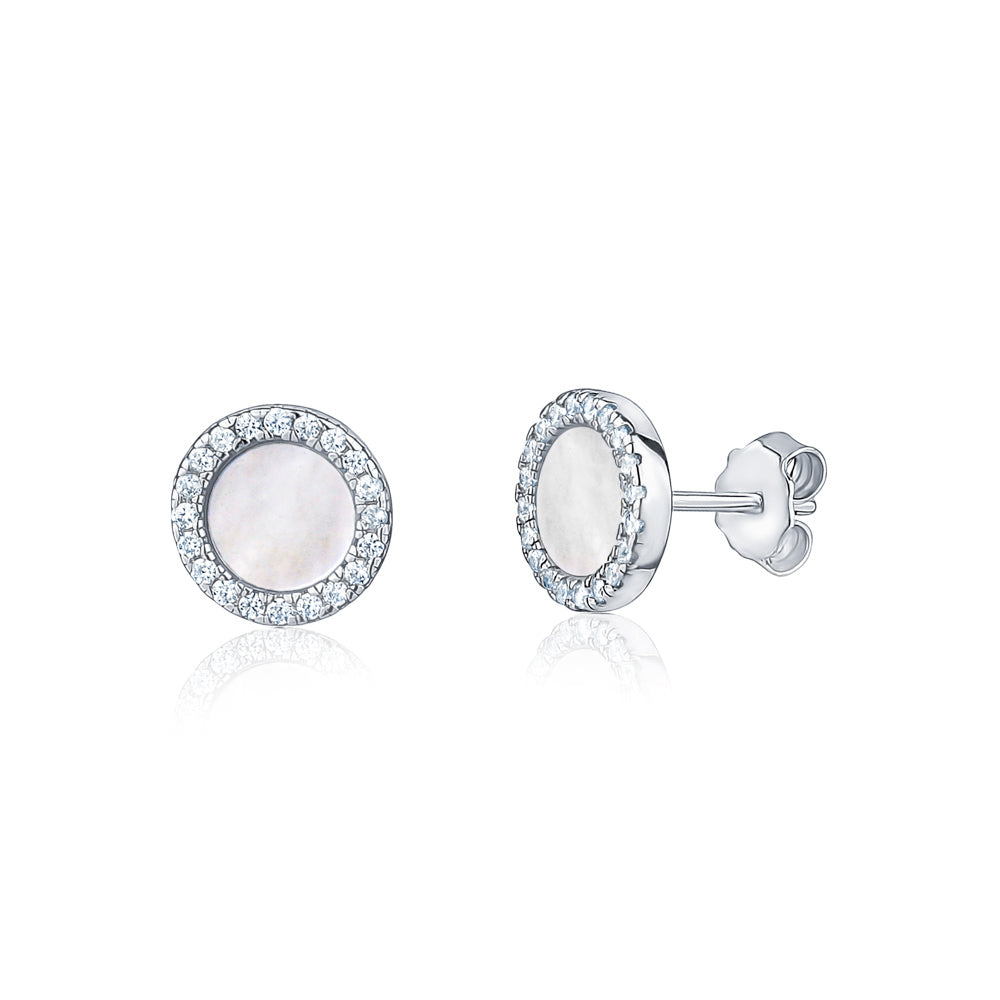 Sterling Silver Disc Stud Earrings Mother of Pearl Simulated Diamonds 10mm