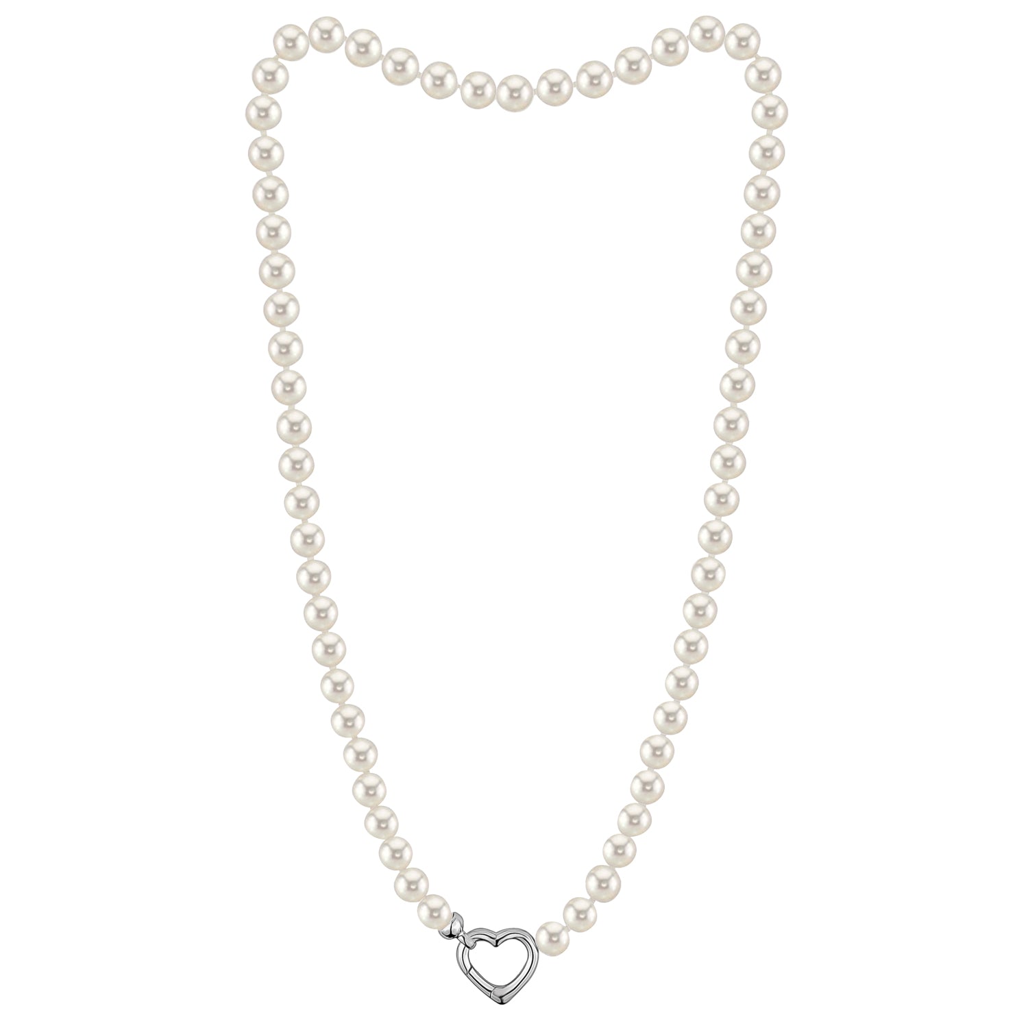 MASSETE White Round Freshwater Cultured Pearl Necklace for Women Sterling Silver Heart Clasp 6.5mm 18"