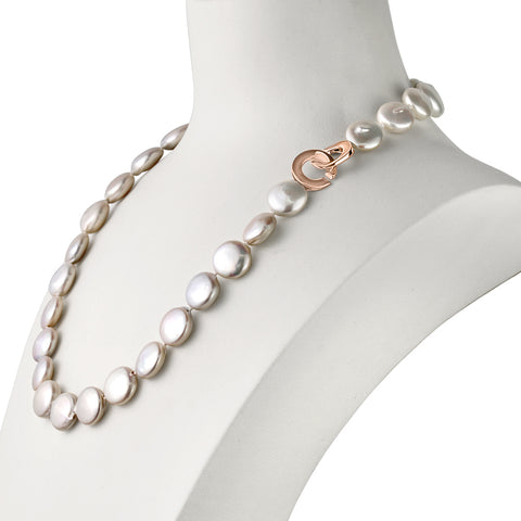 MASSETE White Coin Freshwater Cultured Pearl Necklace for Women Sterling Silver Clasp Modern 12.5mm 18"