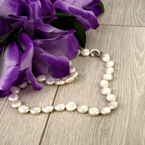 MASSETE White Coin Freshwater Cultured Pearl Necklace for Women Sterling Silver Clasp Modern 12.5mm 18"