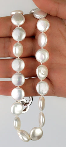 MASSETE White Coin Freshwater Cultured Pearl Necklace for Women Sterling Silver Clasp Modern 12.5mm 18"