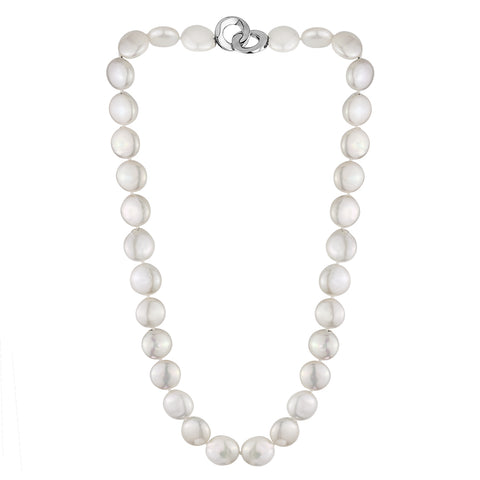 MASSETE White Coin Freshwater Cultured Pearl Necklace for Women Sterling Silver Clasp Modern 12.5mm 18"