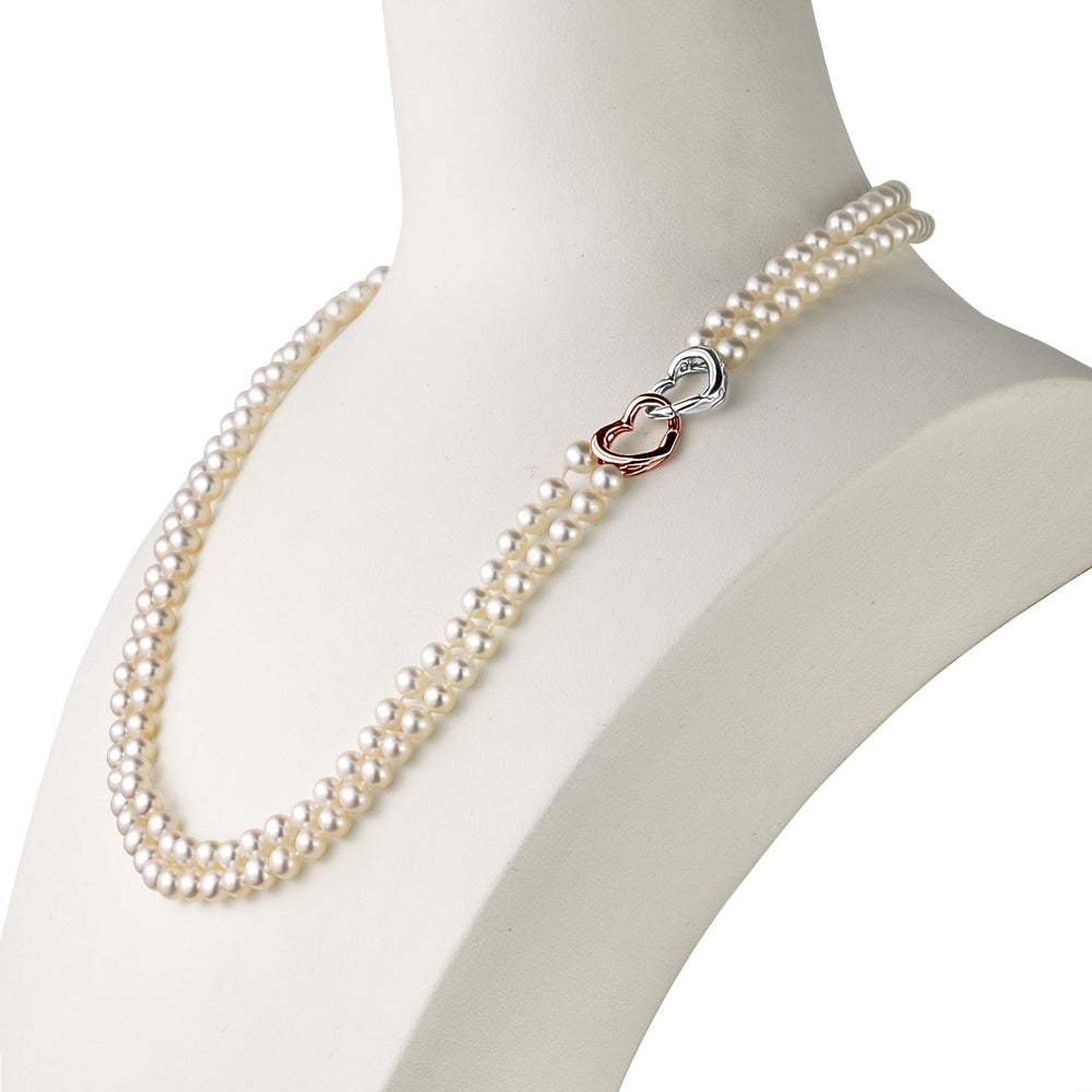 MASSETE White Round Freshwater Cultured Pearl Double Strand Necklace for Women Sterling Silver Rose Gold Plated Double Heart Clasp 4.5mm 18"