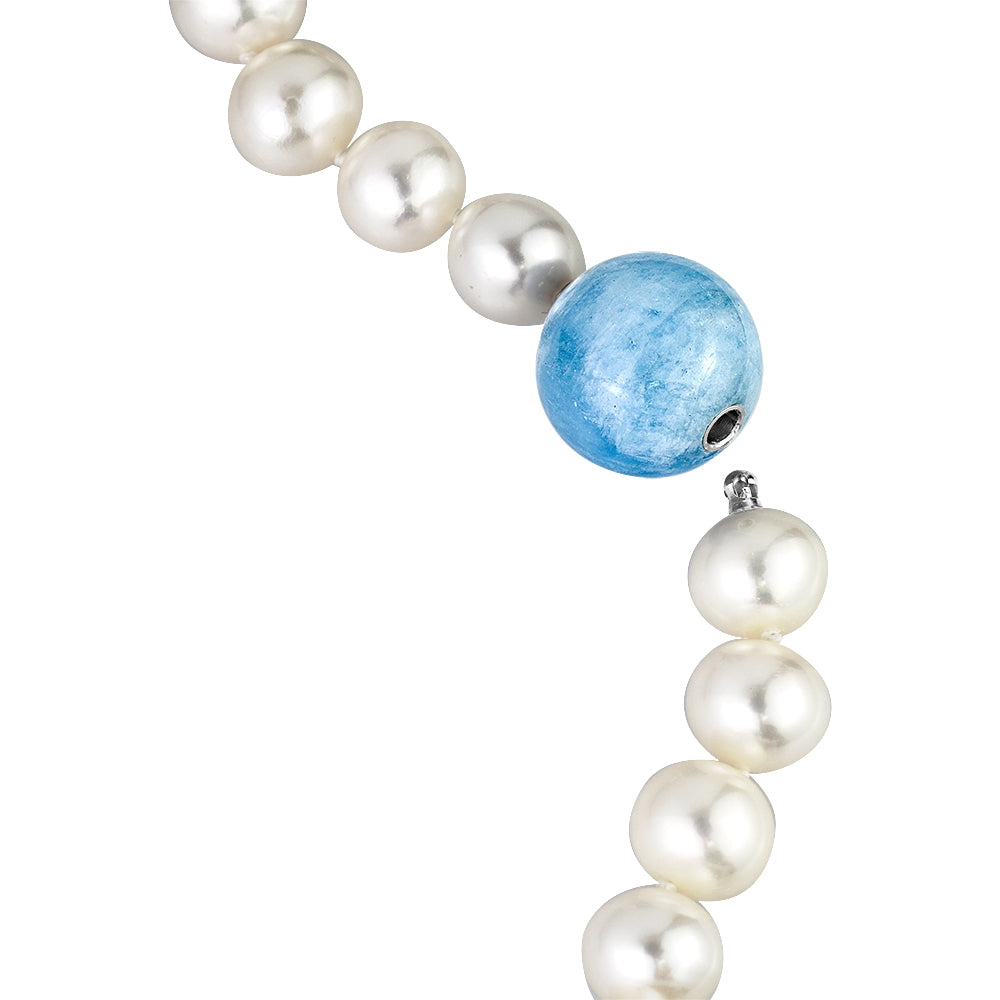 MASSETE White Round Freshwater Cultured Pearl Necklace for Women Aquamarine Sphere Invisible Clasp 10mm 17"