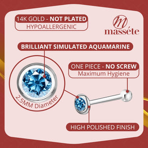 White Gold Nose Ring Simulated Aquamarine