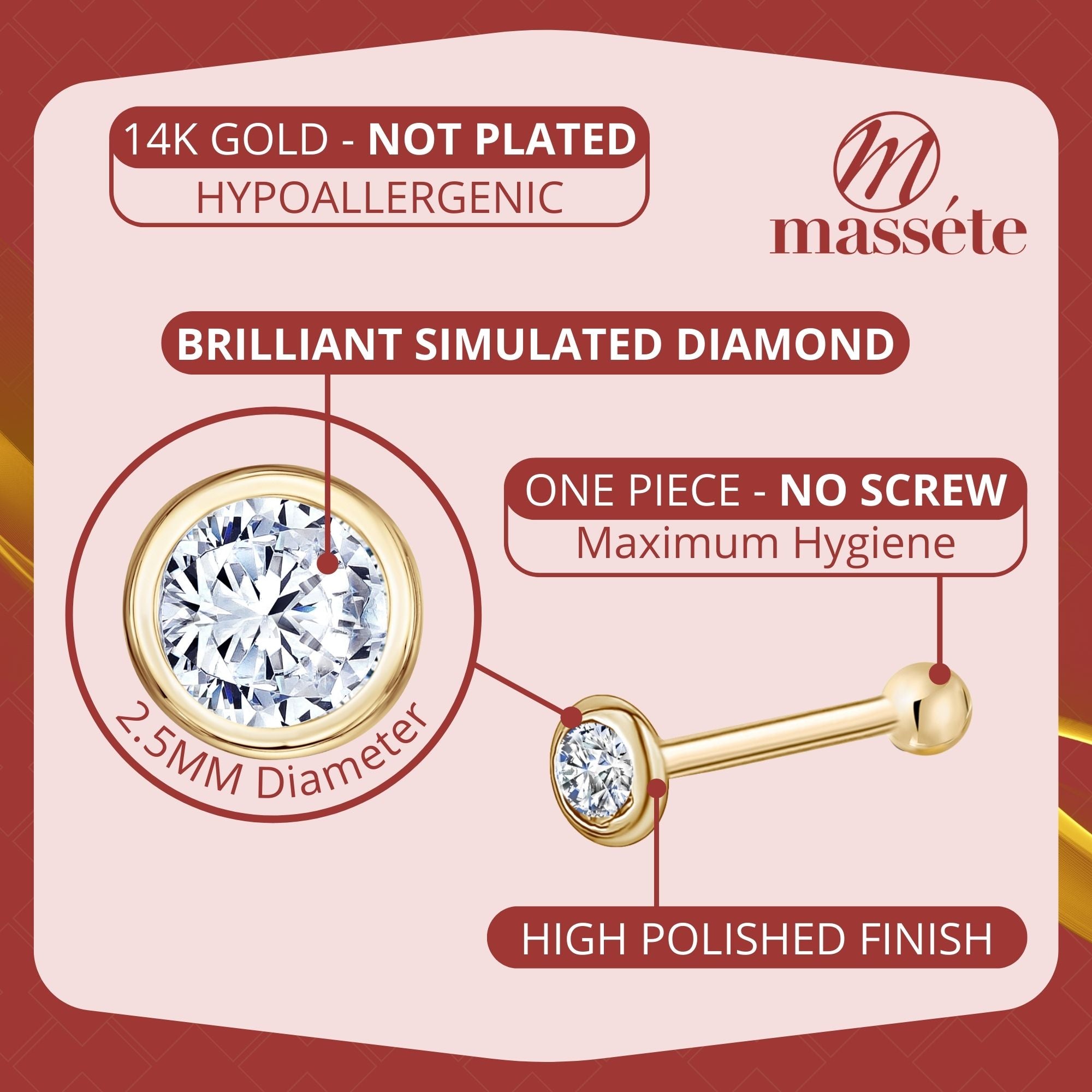 14k Solid Gold Nose Stud with Diamond CZ Small Micro Nose Bone Stud Fl –  Massete