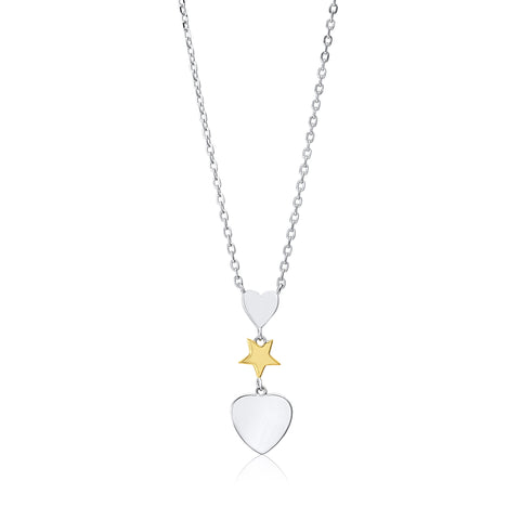 MASSETE Sterling Silver 925 Triple Dangle Heart and Gold Plated Star Pendant Necklace Rolo Chain 17"