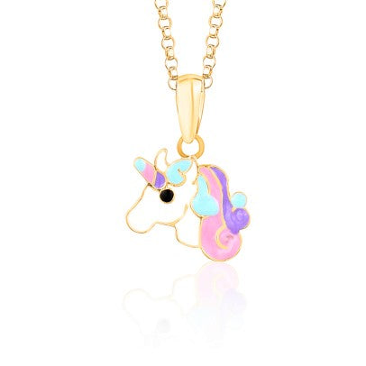 14k Yellow Gold Necklace Pendant Unicorn Colorful Enamel for Children and Girls