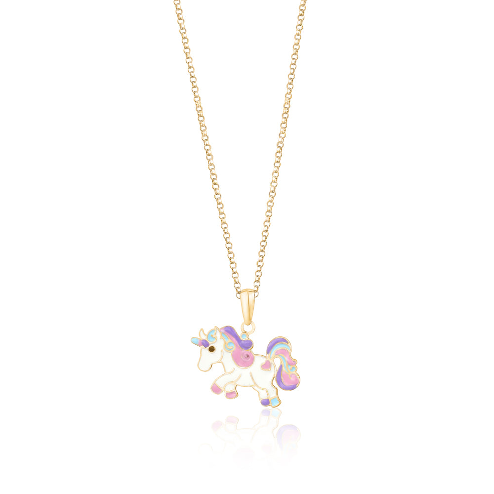 14k Yellow Gold Necklace Pendant Unicorn Trotting Colorful Enamel for Children and Girls