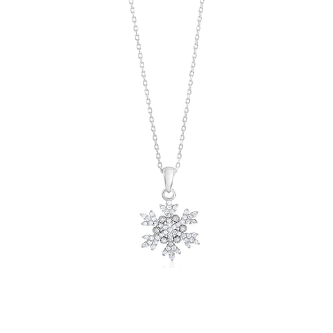 Sterling Silver 925 Pave CZ Snowflake Necklace Pendant on Cable Chain 17.5"