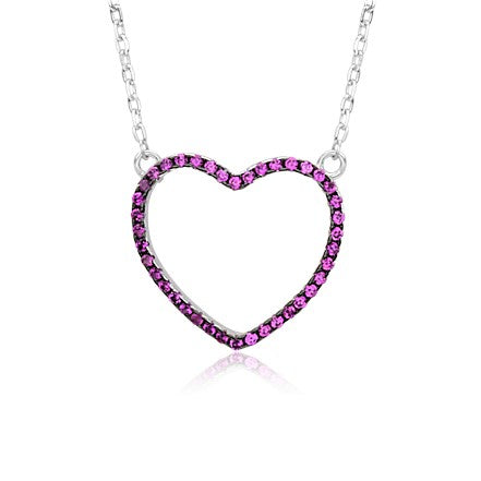 Sterling Silver Necklace Pendant for Girls Large Open Heart with Simulated Diamonds 17.5"