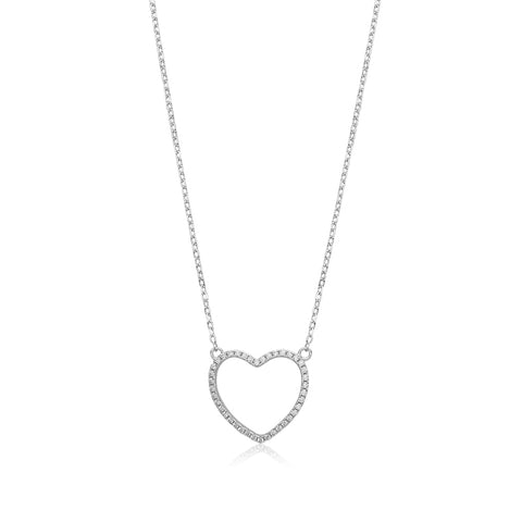 Sterling Silver Necklace Pendant for Girls Large Open Heart with Simulated Diamonds 17.5"