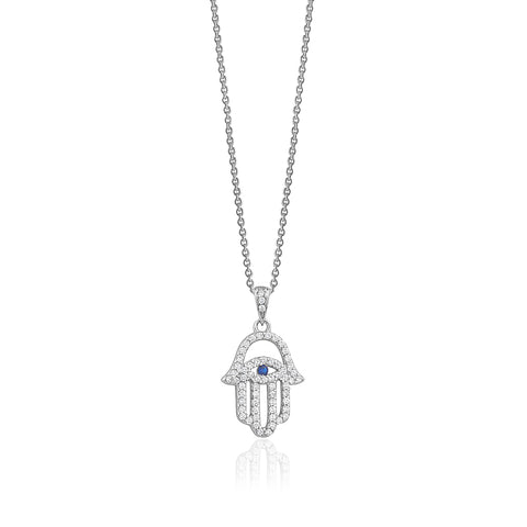 Sterling Silver Hamsa Necklace Pendant for Girls with Simulated Diamonds 17.5"