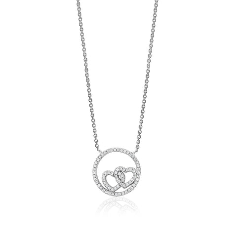 Sterling Silver Necklace Pendant for Girls Circle and Double Heart with Simulated Diamonds 17.5"
