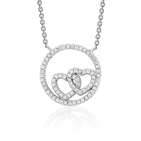 Sterling Silver Necklace Pendant for Girls Circle and Double Heart with Simulated Diamonds 17.5"