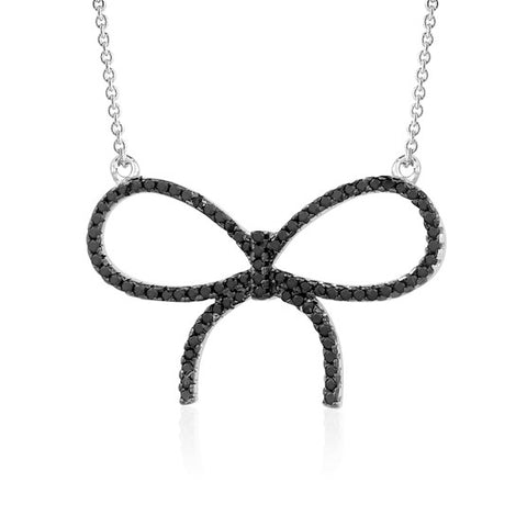 Sterling Silver Necklace Pendant for Girls Large Bow with Simulated Diamonds 17"