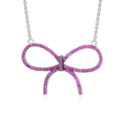 Sterling Silver Necklace Pendant for Girls Large Bow with Simulated Diamonds 17"
