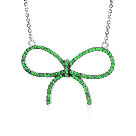 Sterling Silver Necklace Pendant for Girls Large Bow with Simulated Diamonds 17"