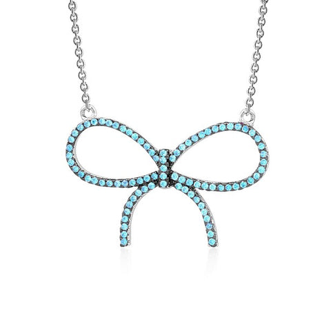 Sterling Silver Necklace Pendant for Girls Large Bow with Simulated Diamonds 17"