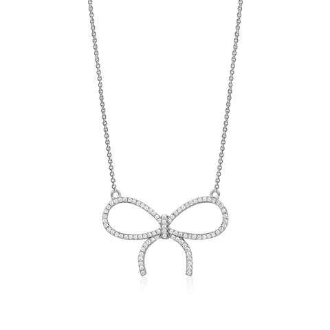 Sterling Silver Necklace Pendant for Girls Large Bow with Simulated Diamonds 17"