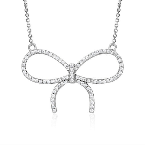 Sterling Silver Necklace Pendant for Girls Large Bow with Simulated Diamonds 17"