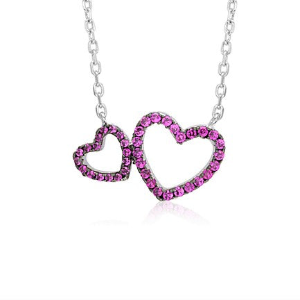 Sterling Silver Necklace Pendant for Girls Double Heart with Simulated Diamonds 17.5"