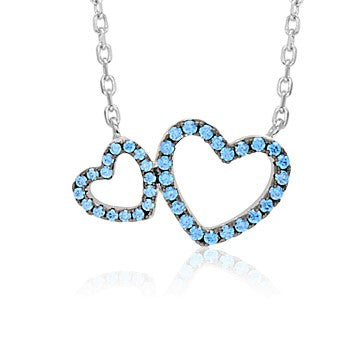 Sterling Silver Necklace Pendant for Girls Double Heart with Simulated Diamonds 17.5"
