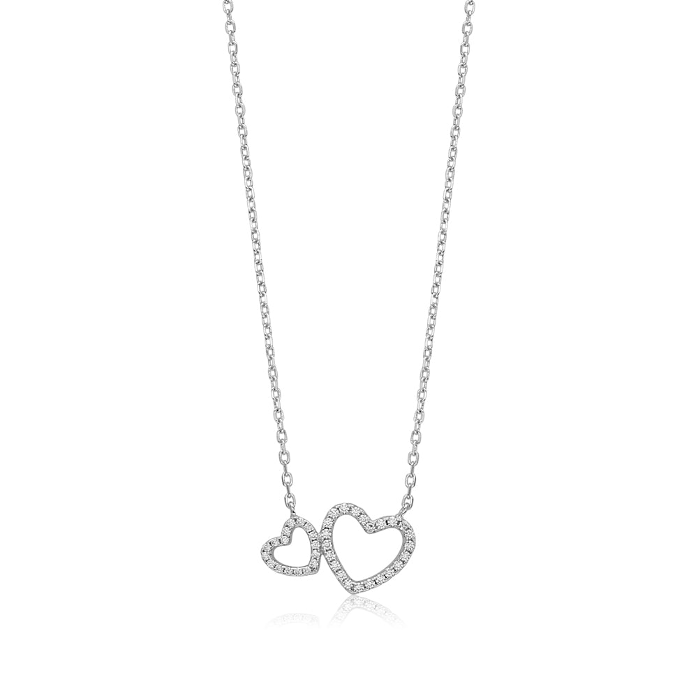 Sterling Silver Necklace Pendant for Girls Double Heart with Simulated Diamonds 17.5"
