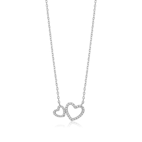 Sterling Silver Necklace Pendant for Girls Double Heart with Simulated Diamonds 17.5"