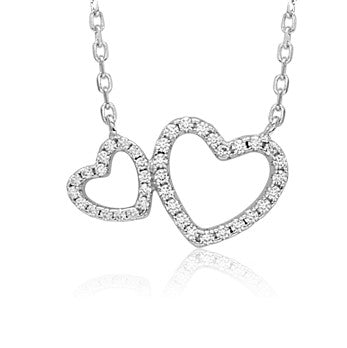 Sterling Silver Necklace Pendant for Girls Double Heart with Simulated Diamonds 17.5"