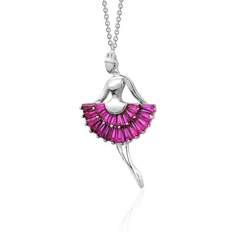 Sterling Silver Necklace Pendant for Girls Ballerina Ballet Dancer with Simulated Diamonds Baguettes 17.5"