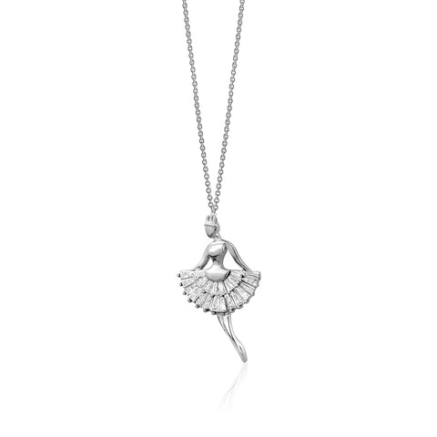 Sterling Silver Necklace Pendant for Girls Ballerina Ballet Dancer with Simulated Diamonds Baguettes 17.5"
