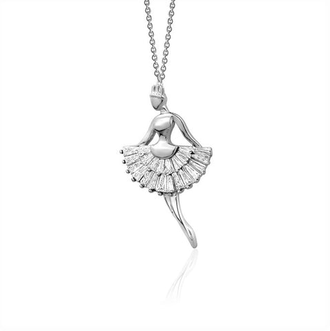 Sterling Silver Necklace Pendant for Girls Ballerina Ballet Dancer with Simulated Diamonds Baguettes 17.5"