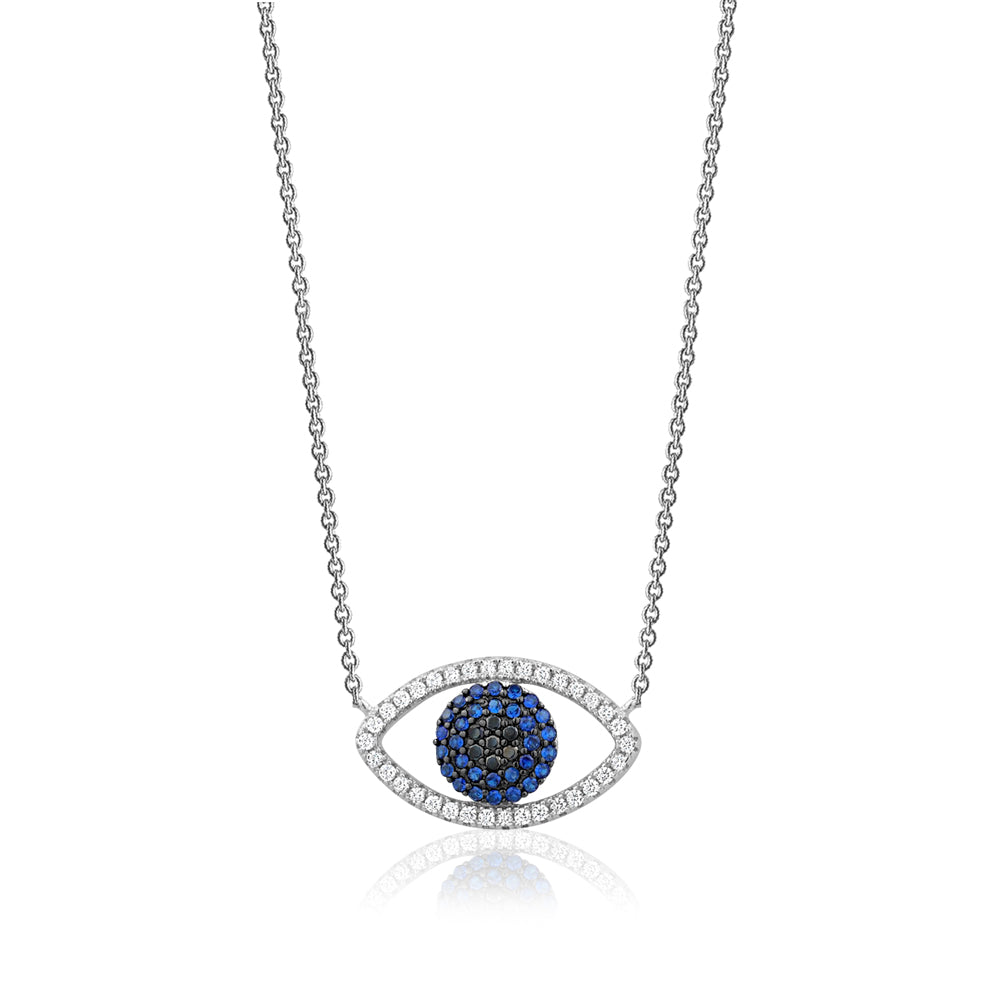 Sterling Silver Necklace Pendant for Girls Symbolic Protective Charm Evil Eye with Simulated Diamonds and Blue Sapphire 17.5"