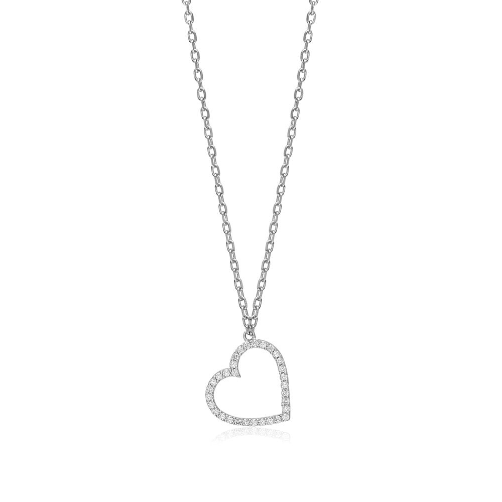 Sterling Silver Tilted Heart Necklace Pendant for Girls with Simulated Diamonds 17.5"