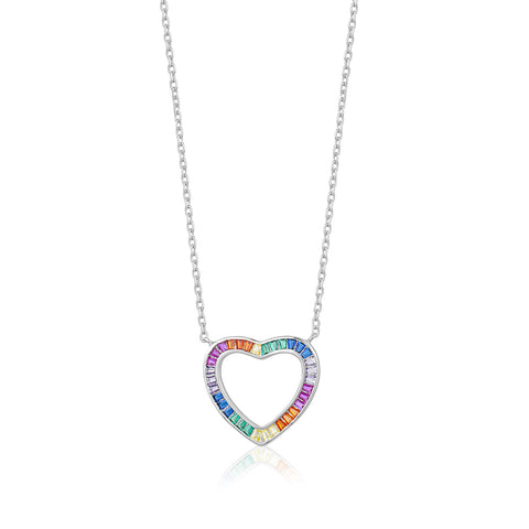 Sterling Silver Rainbow Heart Necklace Pendant for Girls Multi Color Simulated Gemstones tapered baguettes