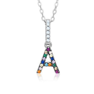 Sterling Silver Initial Necklace Pendant for Girls Multi Color Rainbow Simulated Gemstones Letters