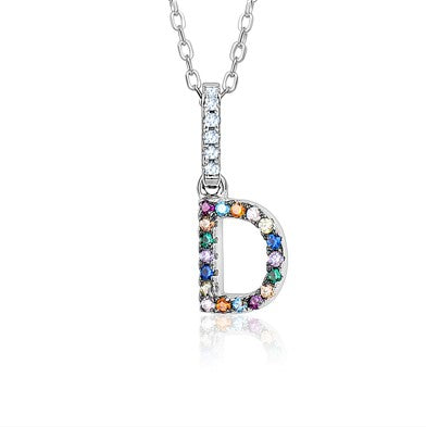 Sterling Silver Initial Necklace Pendant for Girls Multi Color Rainbow Simulated Gemstones Letters