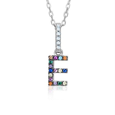 Sterling Silver Initial Necklace Pendant for Girls Multi Color Rainbow Simulated Gemstones Letters