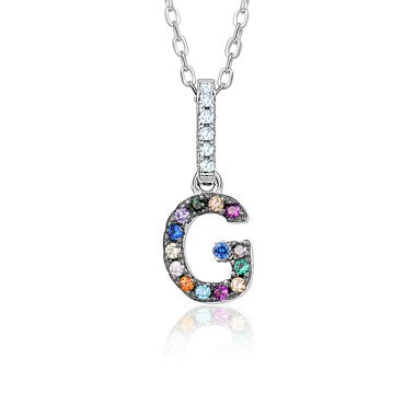 Sterling Silver Initial Necklace Pendant for Girls Multi Color Rainbow Simulated Gemstones Letters