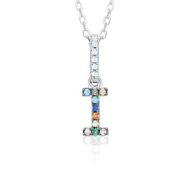 Sterling Silver Initial Necklace Pendant for Girls Multi Color Rainbow Simulated Gemstones Letters