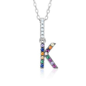 Sterling Silver Initial Necklace Pendant for Girls Multi Color Rainbow Simulated Gemstones Letters