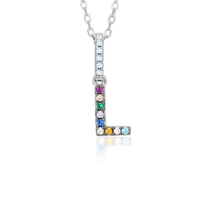 Sterling Silver Initial Necklace Pendant for Girls Multi Color Rainbow Simulated Gemstones Letters