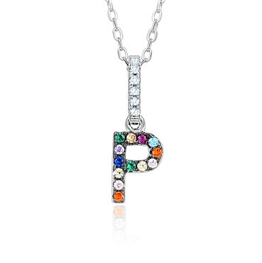 Sterling Silver Initial Necklace Pendant for Girls Multi Color Rainbow Simulated Gemstones Letters