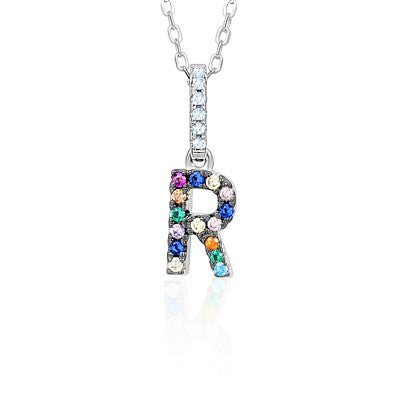 Sterling Silver Initial Necklace Pendant for Girls Multi Color Rainbow Simulated Gemstones Letters