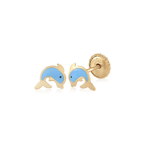 MASSETE 14k Yellow Gold Screwback Earrings Dolphin for Children