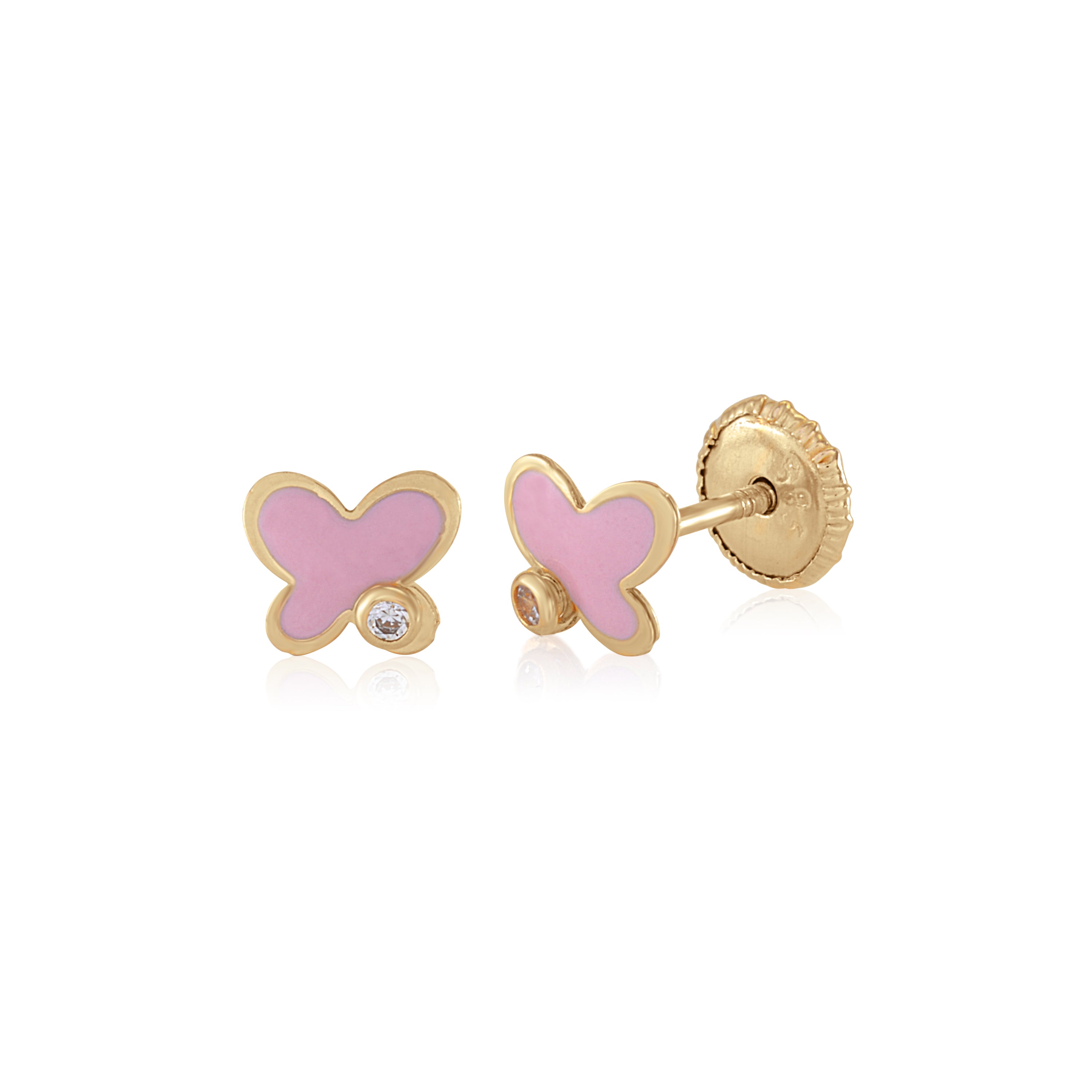MASSETE 14k Yellow Gold Screwback Earrings Butterfly Pink and CZ Accent for Children