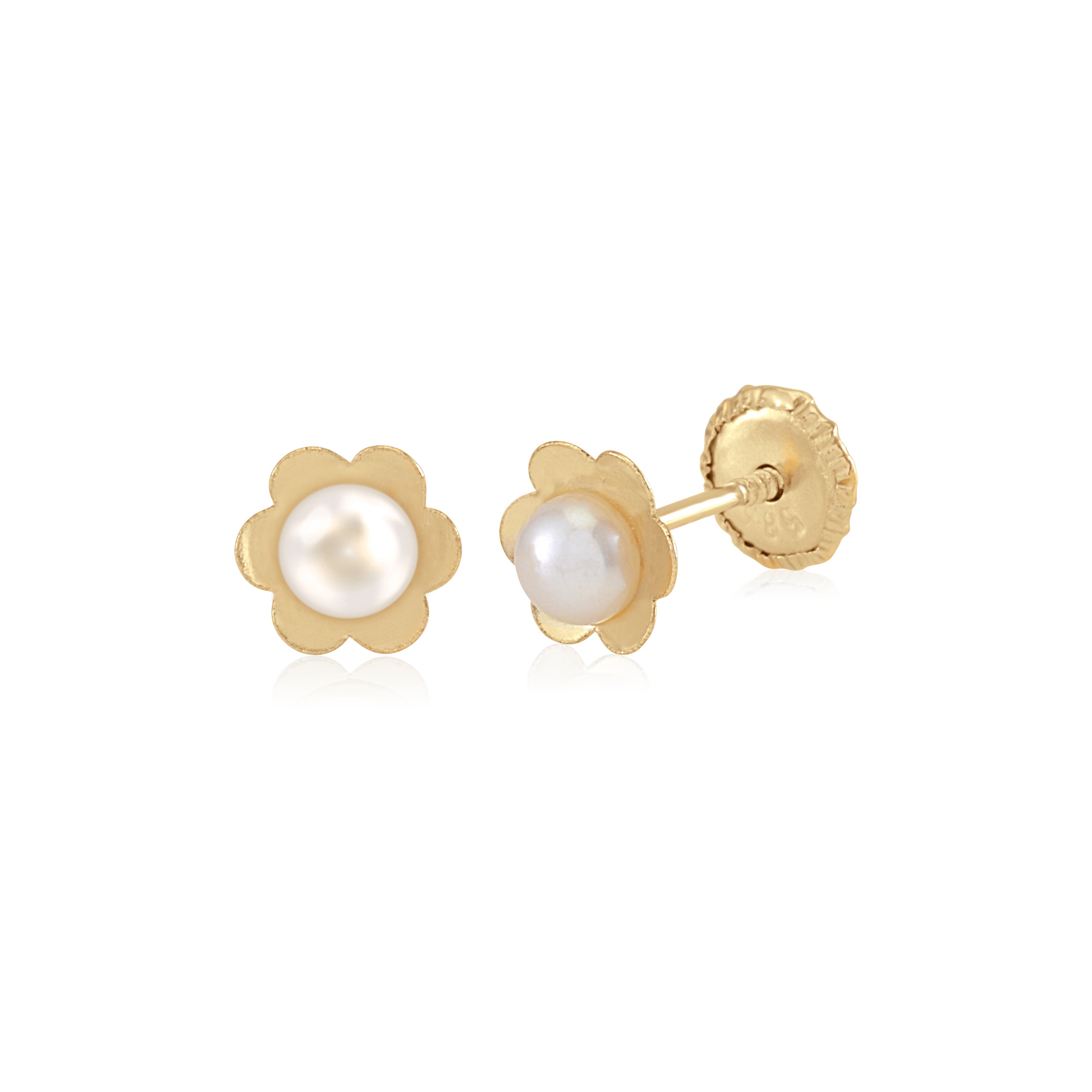 MASSETE 14k Yellow Gold Screwback Earrings Flower with Cultured Pearl for Baby and Children