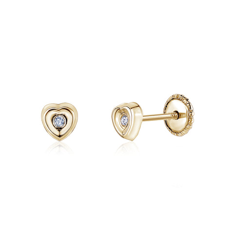 14k Gold CZ Heart Earrings Screwback for Baby Girls or Multiple Piercings Yellow with Simulated Diamond
